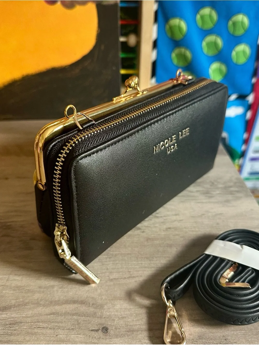 Nicole Lee Black Floral Frame Clutch with Gold Hardware